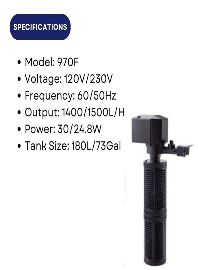 TUNAI Dophin 970F Internal Filter for Aquarium Fish Tank | Completely Submersible Motor | Output: 1400/1500 L/H | Suitable for Fish Tank Size 180L | (Original from Tunai Store) - Image 3